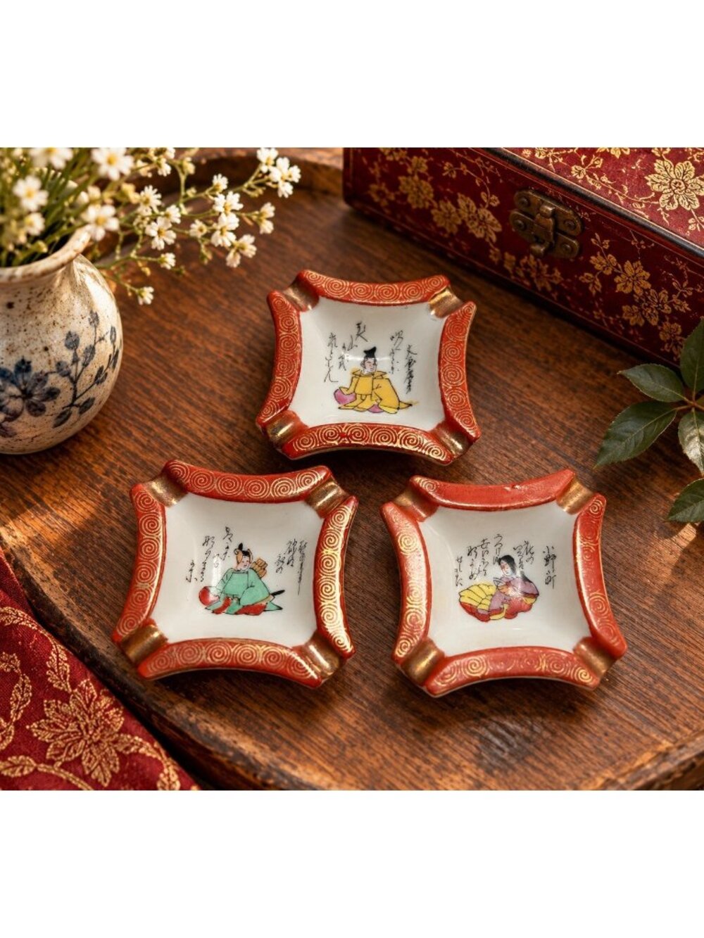Vintage Kutani Japan Porcelain Mini Trinket Dish Ashtrays Set of 3 Hand Painted